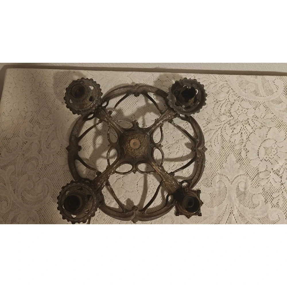 Antique Art Nouveau Cast Metal /Iron Polychrome Chandlier /Light Fixture 1920s
